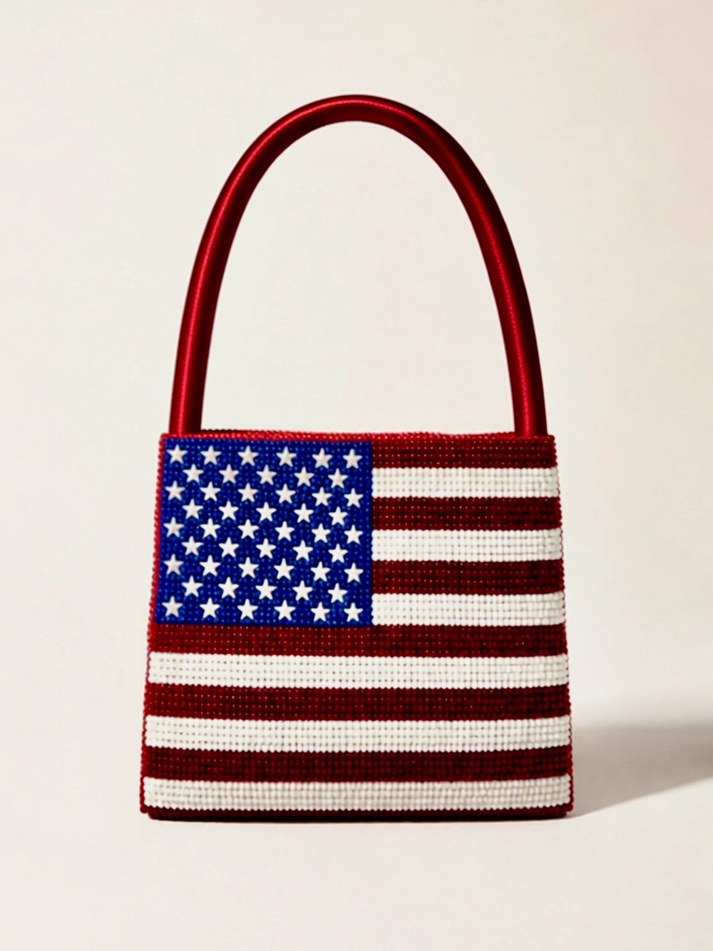 NWOT Beaded Mini Tote, American Flag, satin lined, red/white/blue, 8”x6.5”